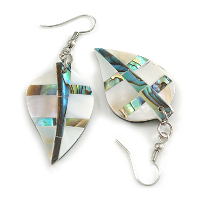 60mm L/Natural/Silver/Abalone Leaf Shape Sea Shell Earrings/Handmade/ Slight Variation In Colour/Natural Irregularities - main view