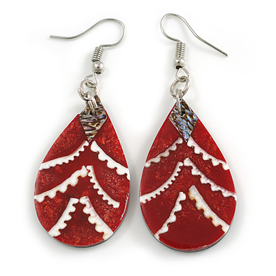 60mm L/Red/White/Abalone Teardrop Shape Sea Shell Earrings/Handmade/ Slight Variation In Colour/Natural Irregularities