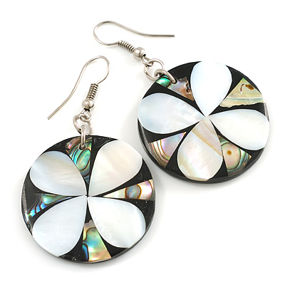 50mm L/Black/Silvery/Abalone Round Shape Sea Shell Earrings/Handmade/ Slight Variation In Colour/Natural Irregularities
