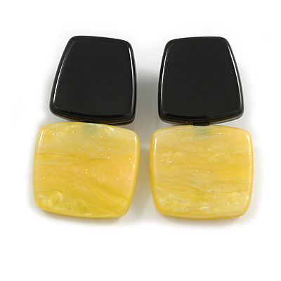 50mm Long Geometric Acrylic Drop Clip On Earings in Silver Tone in Black/Yellow