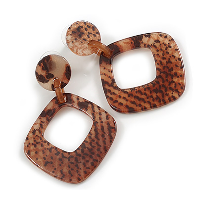Trendy Square Animal Print Acrylic Drop Earrings In Brown - 60mm L - main view