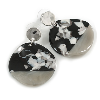 45mm Curvy Round Acrylic Drop Earrings in Silver Tone in Black/White/Grey