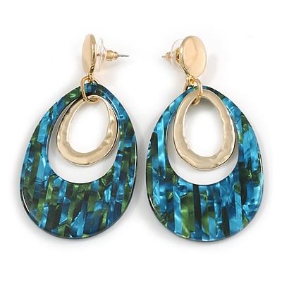 65mm Double Hoop Oval Mosaic Blue/Green Acrylic Earrings In Gold Tone - main view