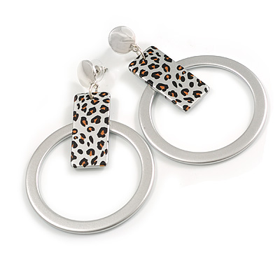 Long Silver Tone Acrylic Hoop Earrings with Cheetah Print - 80mm L