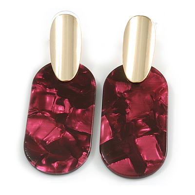 65mm Oval Acrylic Marble Pink Earrings with Gold Tone Oval Plate
