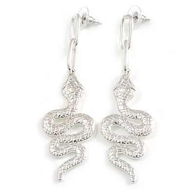 75mm Long Textured Snake Drop Earrings in Silver Tone - main view