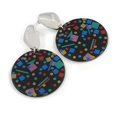 75mm Large Multicoloured Acrylic Round Disk Drop Earrings In Silver Tone - main view