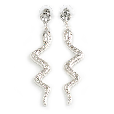 75mm Long Clear Crystal Snake Drop Earrings in Silver Tone - main view