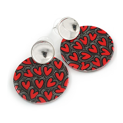 45mm Round Acrylic Heart Pattern Drop Earrings In Red/Grey/35mm Diameter/Silver Tone - main view