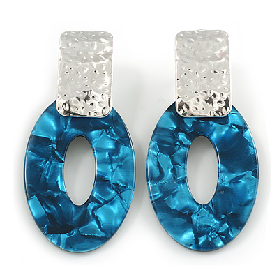 68mm Oval Marble Blue Acrylic Hoop Earrings with Silver Tone Hammered Plate - main view