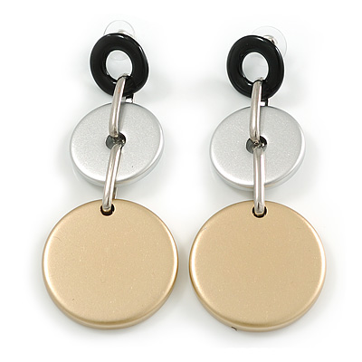 Triple Bead Acrylic Long Earrings in Black/Metallic Silver/Gold - 75mm L - main view