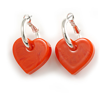 20mm Silver Tone Huggie Hoop Earrings with Orange Red Acrylic Heart Charm