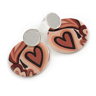 45mm Heart Motif Round Acrylic Hoop Earring with Silver Tone Metal Plate in Cream/Brown/Black