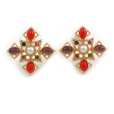 25mm Multicoloured Bead Square Stud Earrings in Gold Tone - main view