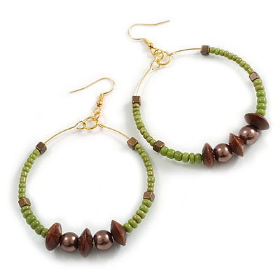 50mm Lime Green Glass And Brown Wood Bead Hoop Earrings In Gold Tone - 80mm Drop - main view