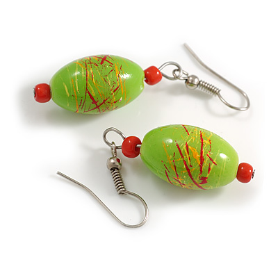 Lime Green/Red Oval Glass Bead Drop Earrings In Silver Tone - 50mm L - main view