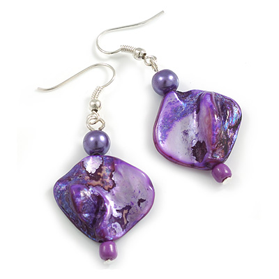 Purple Shell and Glass Bead Drop Earrings - 50mm Long - main view