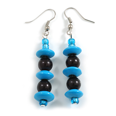 Light Blue/ Black Wood Glass Bead Drop Earrings in Silver Tone - 60mm Long - main view