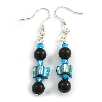 Blue/ Black Glass and Shell Bead Drop Earrings with Silver Tone Closure - 6cm Long - main view