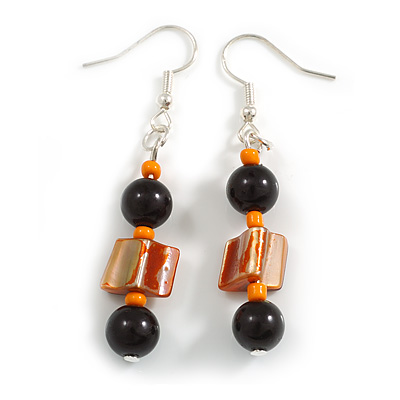 Orange/ Black Glass and Shell Bead Drop Earrings with Silver Tone Closure - 6cm Long - main view