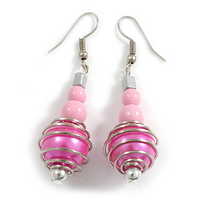 Stylish Acrylic Beaded Drop Earrings in Pink - 55mm Long