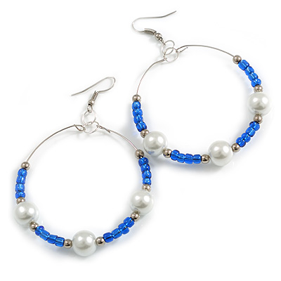 55mm White Faux Pearl and Blue Glass Bead Large Hoop Earrings in Silver Tone - 75mm Drop - main view