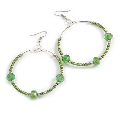 55mm Green Glass Bead Large Hoop Earrings in Silver Tone - 75mm Drop - main view