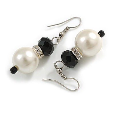 Faux Pearl Black Crystal Bead with Crystal Ring Drop Earrings - 45mm Long - main view
