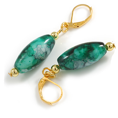 Green/White/Black Oval Glass Bead Drop Earrings In Gold Tone - 45mm L - main view