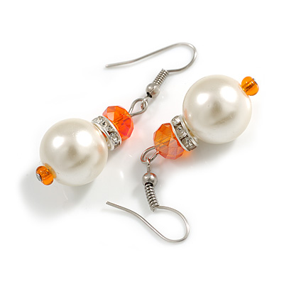 Faux Pearl Orange Crystal Bead with Crystal Ring Drop Earrings - 45mm Long - main view