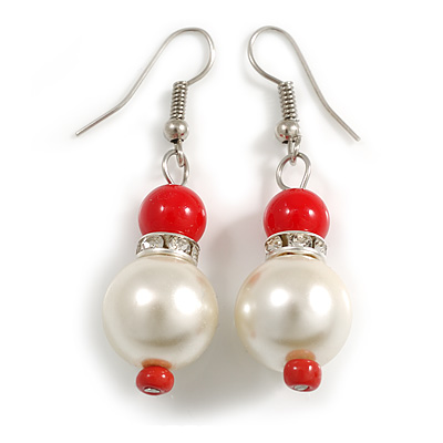 Faux Pearl Red Ceramic Bead with Crystal Ring Drop Earrings - 45mm Long - main view