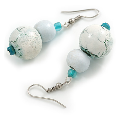 White/ Teal Wood Double Bead Drop Earrings In Silver Tone - 50mm Drop - main view