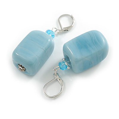 Light Blue Square Ceramic Bead Drop Earrings In Silver Tone - 50mm Drop - main view