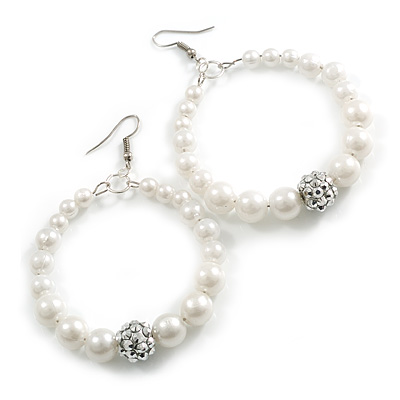 55mm Large White Faux Pearl Bead Hoop Earrings in Siver Tone - 85mm Drop