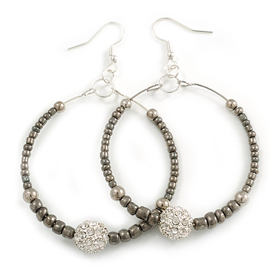 50mm Large Hematite Coloured Glass Bead with Crystal Ball Hoop Earrings in Silver Tone - 75mm Drop - main view