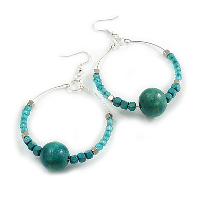 50mm Teal Glass and Wood Bead Large Hoop Earrings in Silver Tone - 75mm Drop - main view