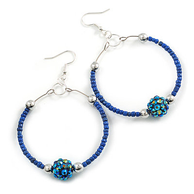 50mm Large Blue Glass Bead Hoop Earrings in Silver Tone - 75mm Drop