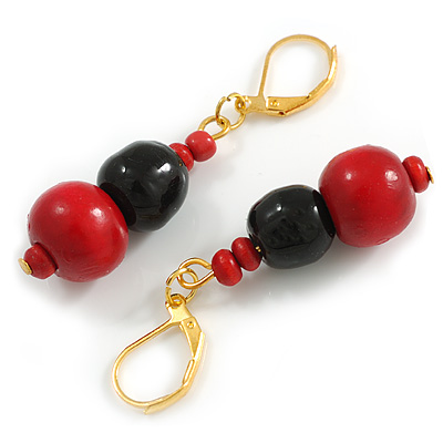 Black Glass and Red Wood Beaded Drop Earrings in Gold Tone - 50mm Drop - main view