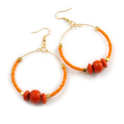 50mm Orange Glass and Wooden Bead Hoop Earrings in Gold Tone - 75mm Drop - main view