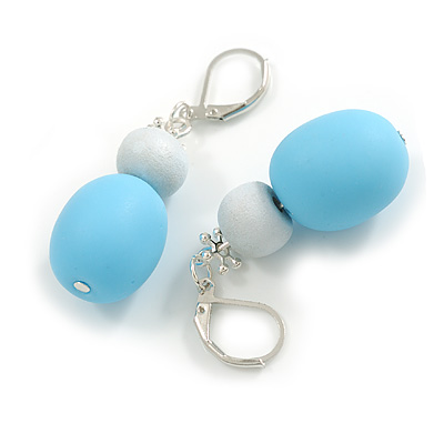 Light Blue/ White Wood/ Resin Bead Drop Earrings In Silver Tone - 50mm Drop - main view