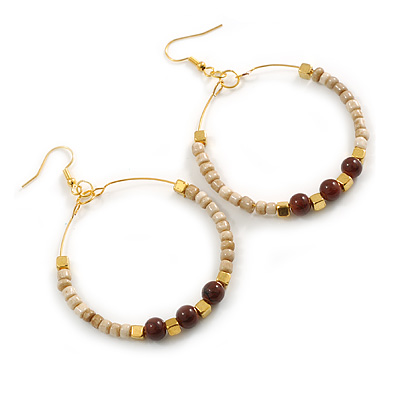 50mm Antique White Glass and Brown Ceramic Bead Large Hoop Earrings in Gold Tone - 70mm Drop - main view