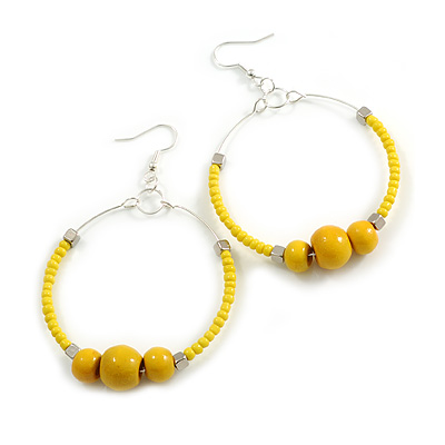 50mm Yellow Glass and Wooden Beads Hoop Earrings in Silver Tone - 75mm Drop