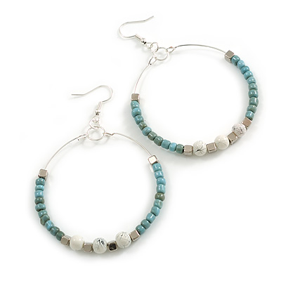 50mm Dusty Blue Glass and Ceramic Bead Large Hoop Earrings in Silver Tone - 75mm Drop - main view