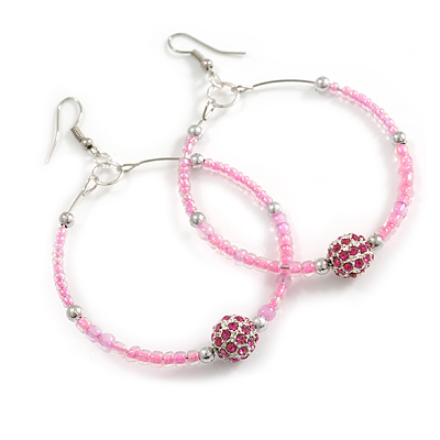 55mm Light Pink Glass Bead With Crystal Ball Large Hoop Earrings in Silver Tone - 80mm Drop - main view
