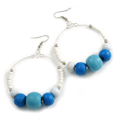 55mm White/ Blue Glass and Graduated Wooden Bead Large Hoop Earrings In Silver Tone - 80mm Drop - main view