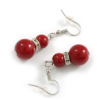 Dark Red Double Ceramic Bead with Crystal Ring Drop Earrings in Silver Tone - 40mm Long - main view