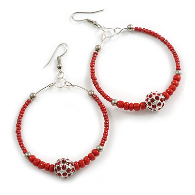 50mm Large Red Glass Bead with Crystal Ball Hoop Earrings in Silver Tone - 75mm Drop - main view