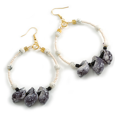 50mm Large White Glass Black Sea Shell Hoop Earrings in Gold Tone - 90mm Drop - main view