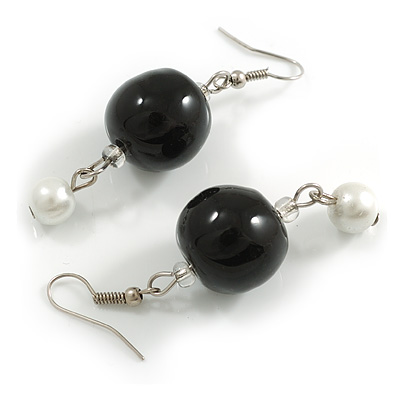 Black Glass and Pearl Beaded Drop Earrings In Silver Tone - 60mm Long - main view