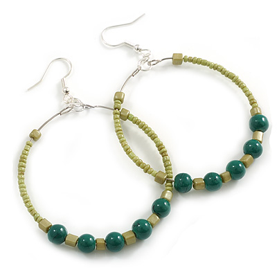 50mm Large Lime Green Glass Forest Green Ceramic Bead Hoop Earrings In Silver Tone - 70mm Drop - main view